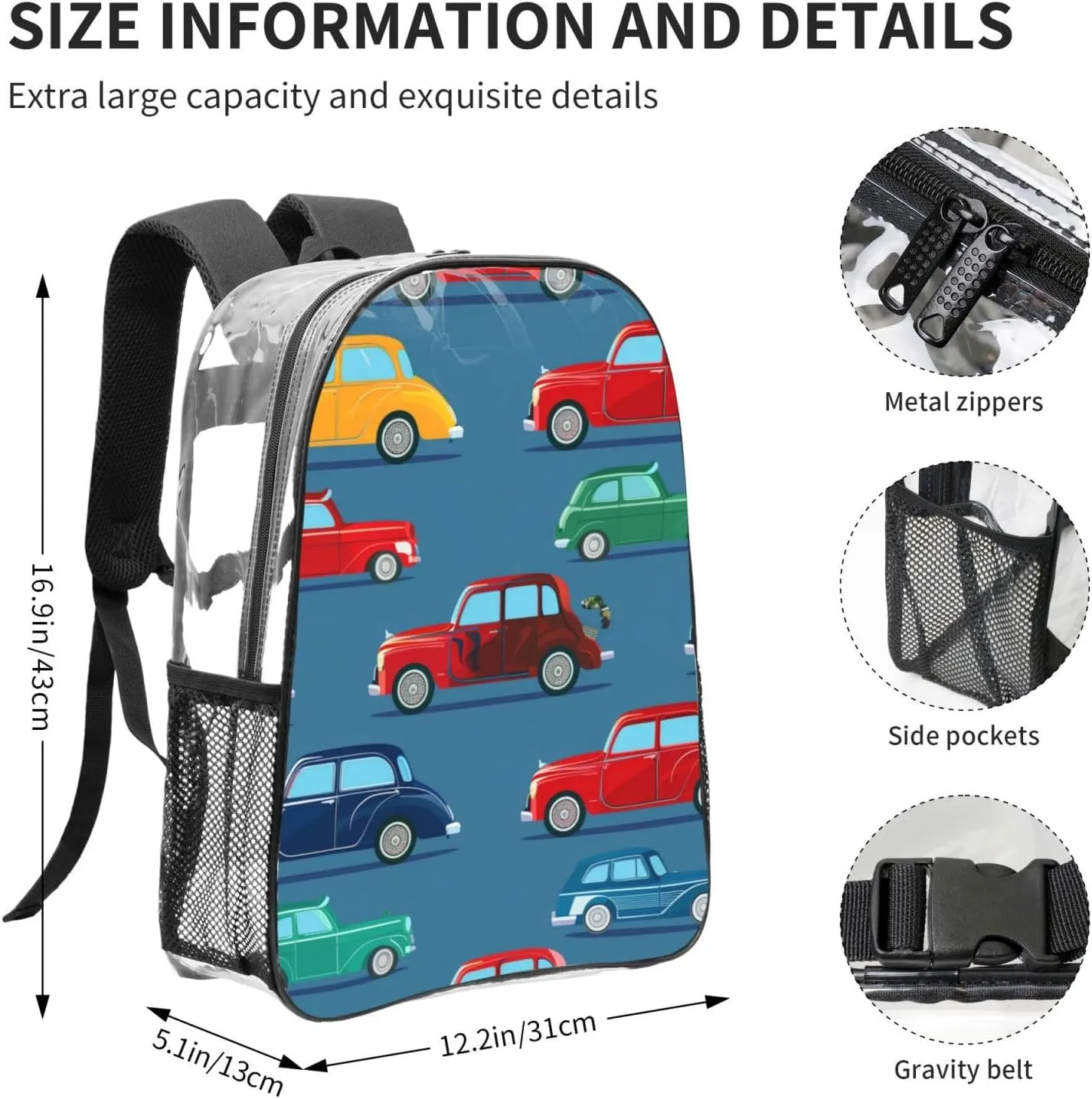 OSAM SPACE Vintage Cars Clear Backpack for Stadium Events Heavy Duty PVC Transparent Backpack See Through Bag Large Capacity Clear Backpacks for Women Men (16Inch)