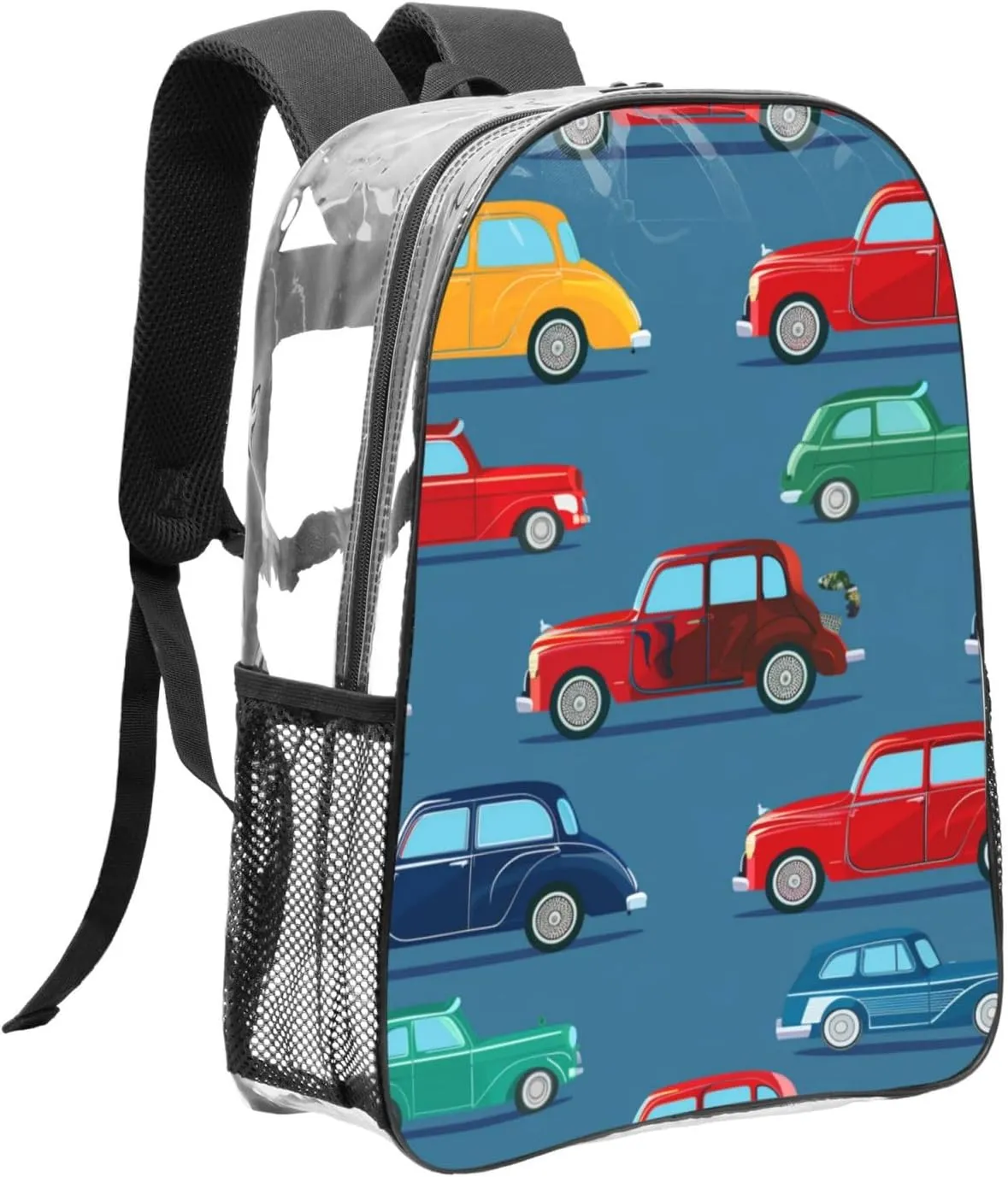 OSAM SPACE Vintage Cars Clear Backpack for Stadium Events Heavy Duty PVC Transparent Backpack See Through Bag Large Capacity Clear Backpacks for Women Men (16Inch)