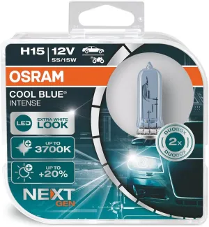 OSRAM COOL BLUE INTENSE H15,  20% more brightness, up to 3,700K, halogen headlight lamp, LED look, duo box (2 lamps) 64176CBN-HCB