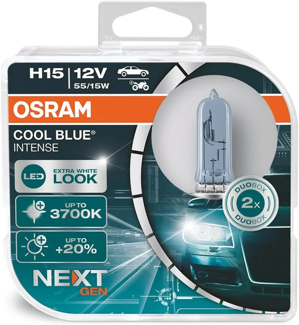 OSRAM COOL BLUE INTENSE H15,  20% more brightness, up to 3,700K, halogen headlight lamp, LED look, duo box (2 lamps) 64176CBN-HCB