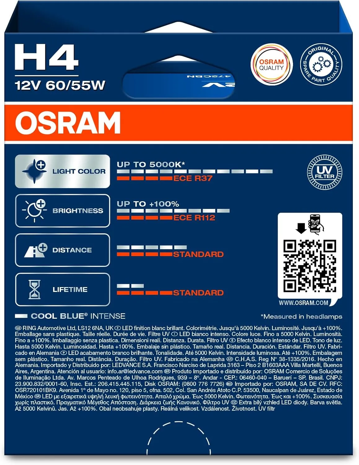 OSRAM COOL BLUE INTENSE H4, 100% more brightness, up to 5,000K, halogen headlight lamp, LED look, duo box (2 lamps) 64193CBN-HCB