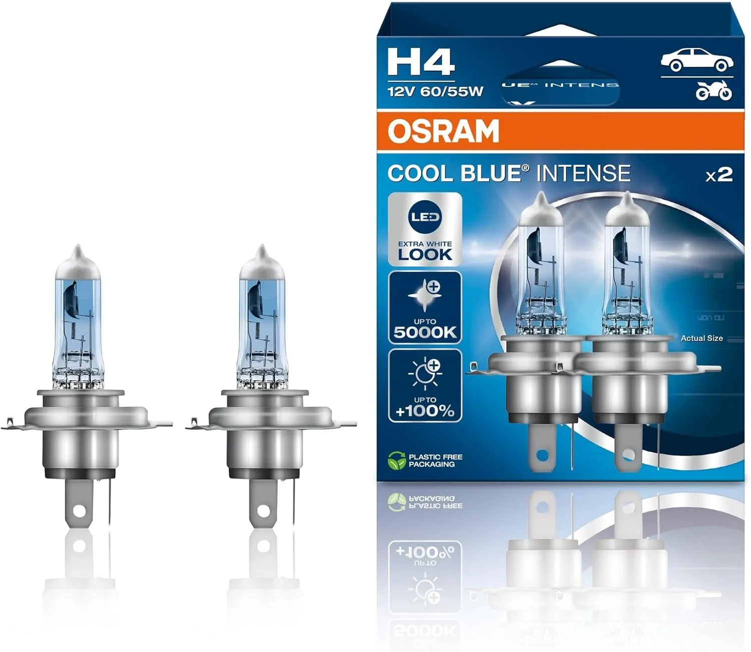 OSRAM COOL BLUE INTENSE H4, 100% more brightness, up to 5,000K, halogen headlight lamp, LED look, duo box (2 lamps) 64193CBN-HCB