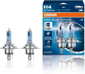 OSRAM COOL BLUE INTENSE H4, 100% more brightness, up to 5,000K, halogen headlight lamp, LED look, duo box (2 lamps) 64193CBN-HCB