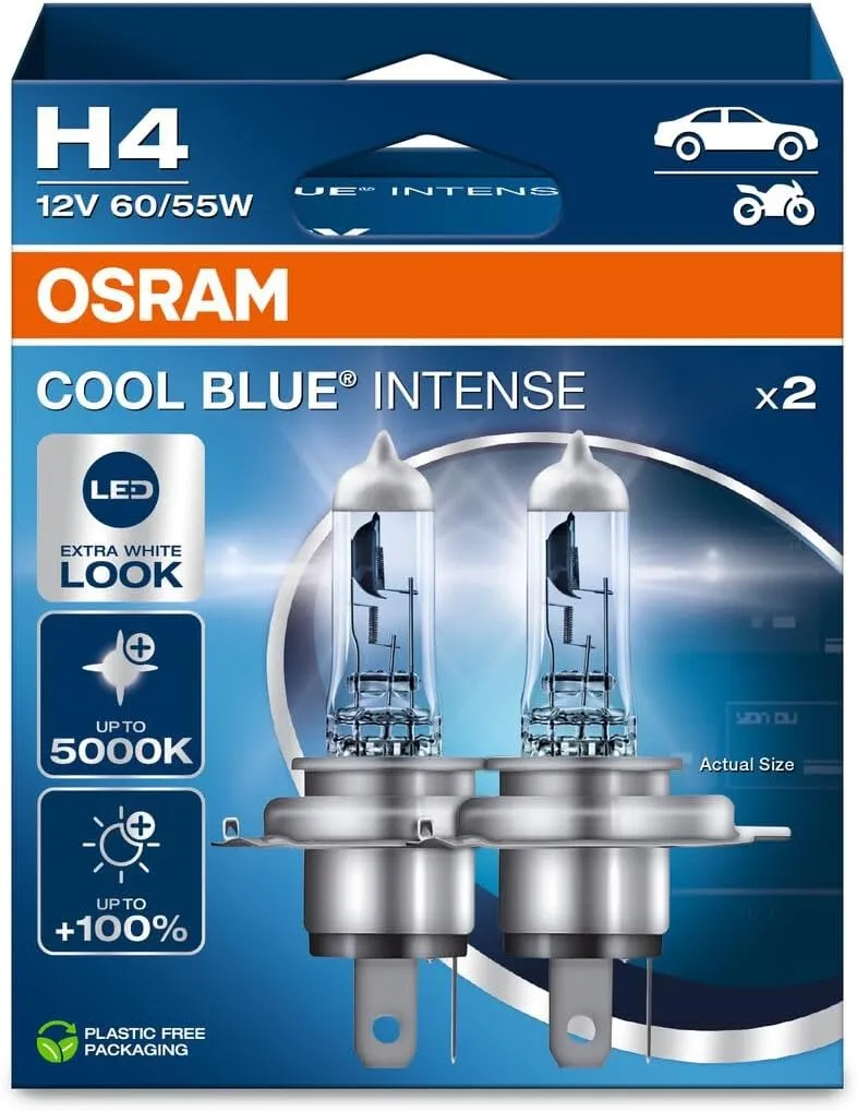OSRAM COOL BLUE INTENSE H4, 100% more brightness, up to 5,000K, halogen headlight lamp, LED look, duo box (2 lamps) 64193CBN-HCB