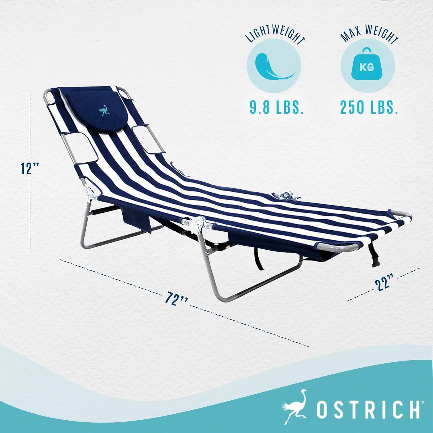 Ostrich Backpack Chaise Folding Lounge Chair w/4 Adjustable Position, Carrying Straps, Side Pocket and Storage Bag, Navy Stripe (3 Pack)
