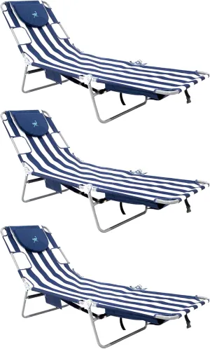 Ostrich Backpack Chaise Folding Lounge Chair w/4 Adjustable Position, Carrying Straps, Side Pocket and Storage Bag, Navy Stripe (3 Pack)