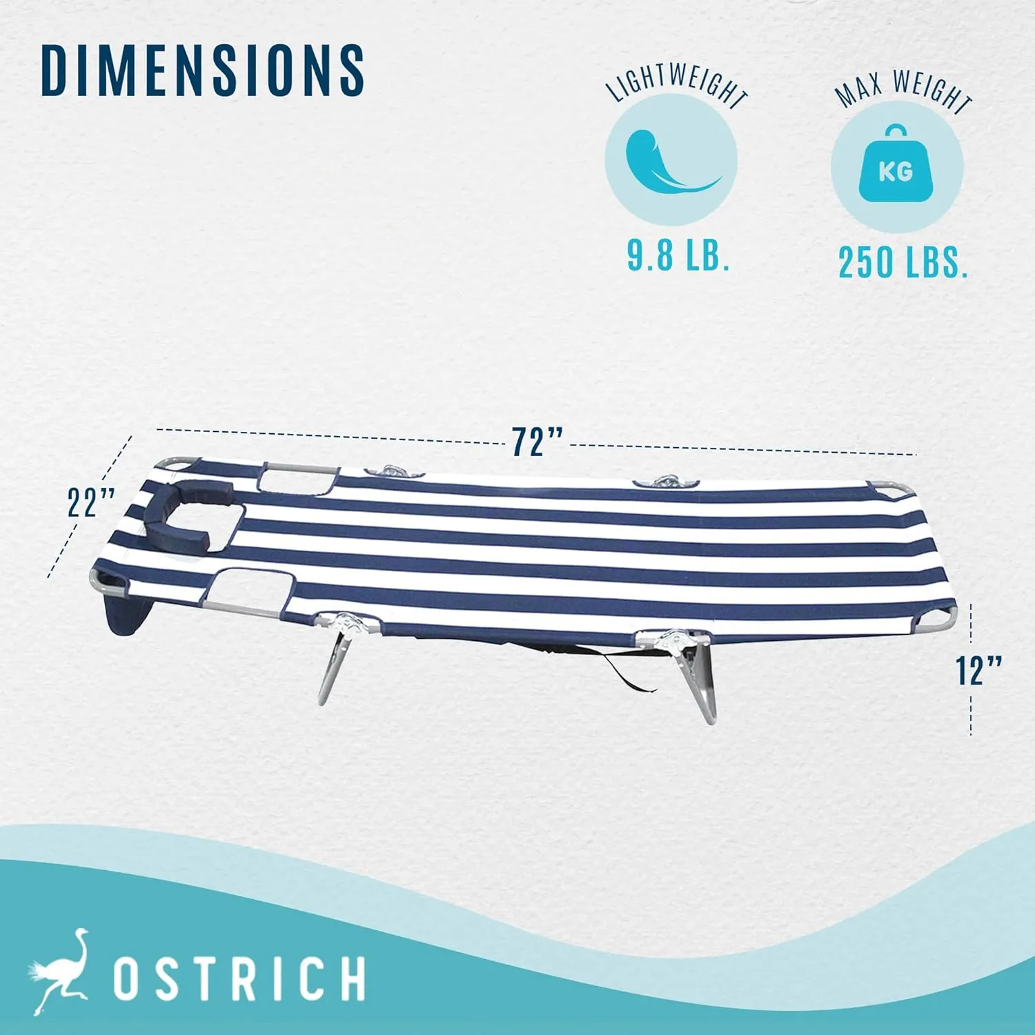 Ostrich Backpack Chaise Folding Lounge Chair w/4 Adjustable Position, Carrying Straps, Side Pocket and Storage Bag, Navy Stripe (3 Pack)