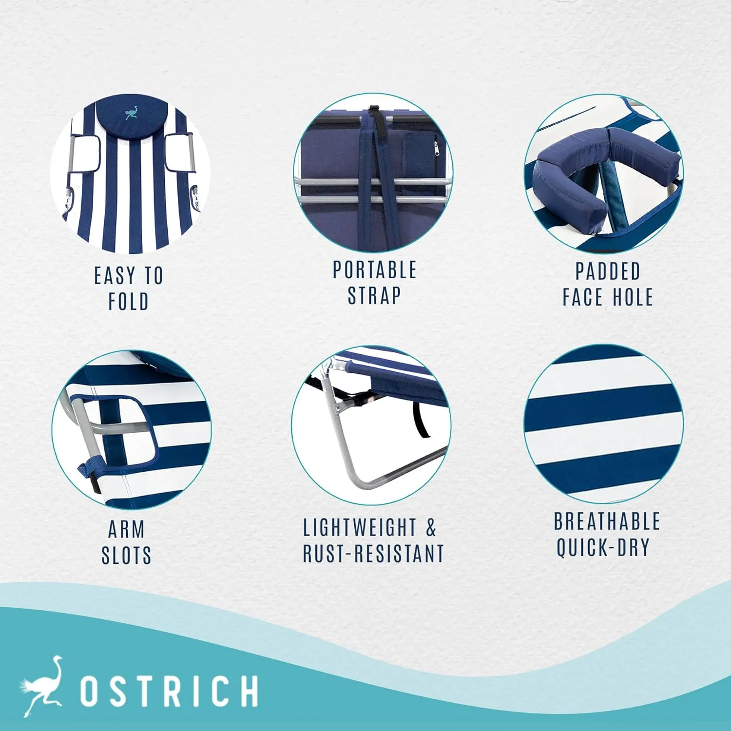 Ostrich Backpack Chaise Folding Lounge Chair w/4 Adjustable Position, Carrying Straps, Side Pocket and Storage Bag, Navy Stripe (3 Pack)