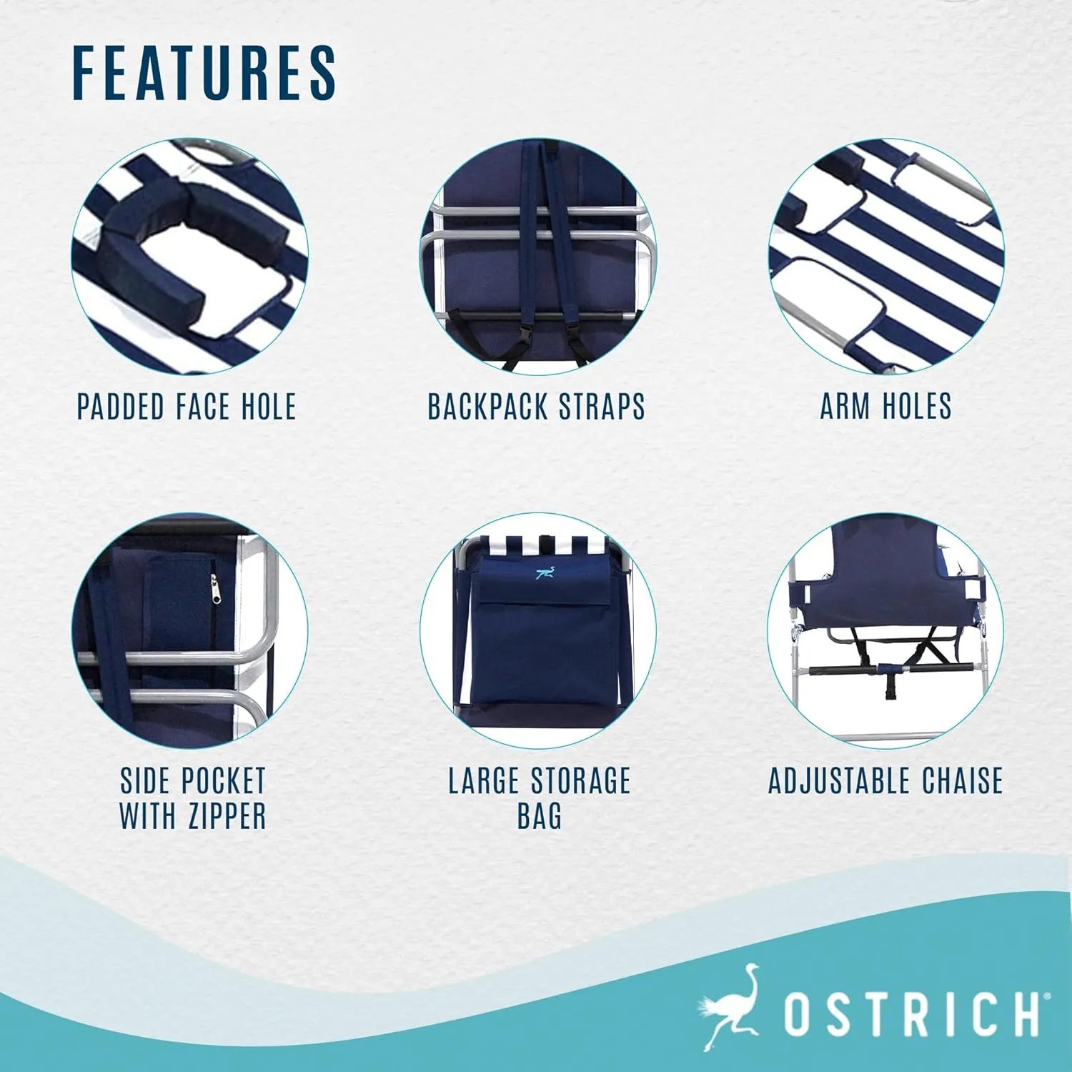 Ostrich Backpack Chaise Folding Lounge Chair w/4 Adjustable Position, Carrying Straps, Side Pocket and Storage Bag, Navy Stripe (3 Pack)