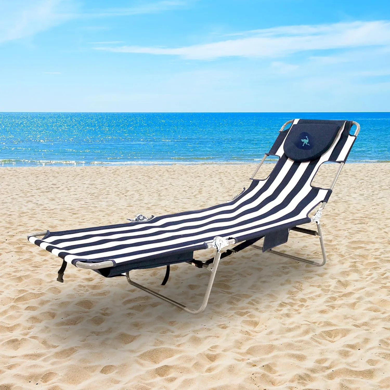 Ostrich Backpack Chaise Folding Lounge Chair w/4 Adjustable Position, Carrying Straps, Side Pocket and Storage Bag, Navy Stripe (3 Pack)