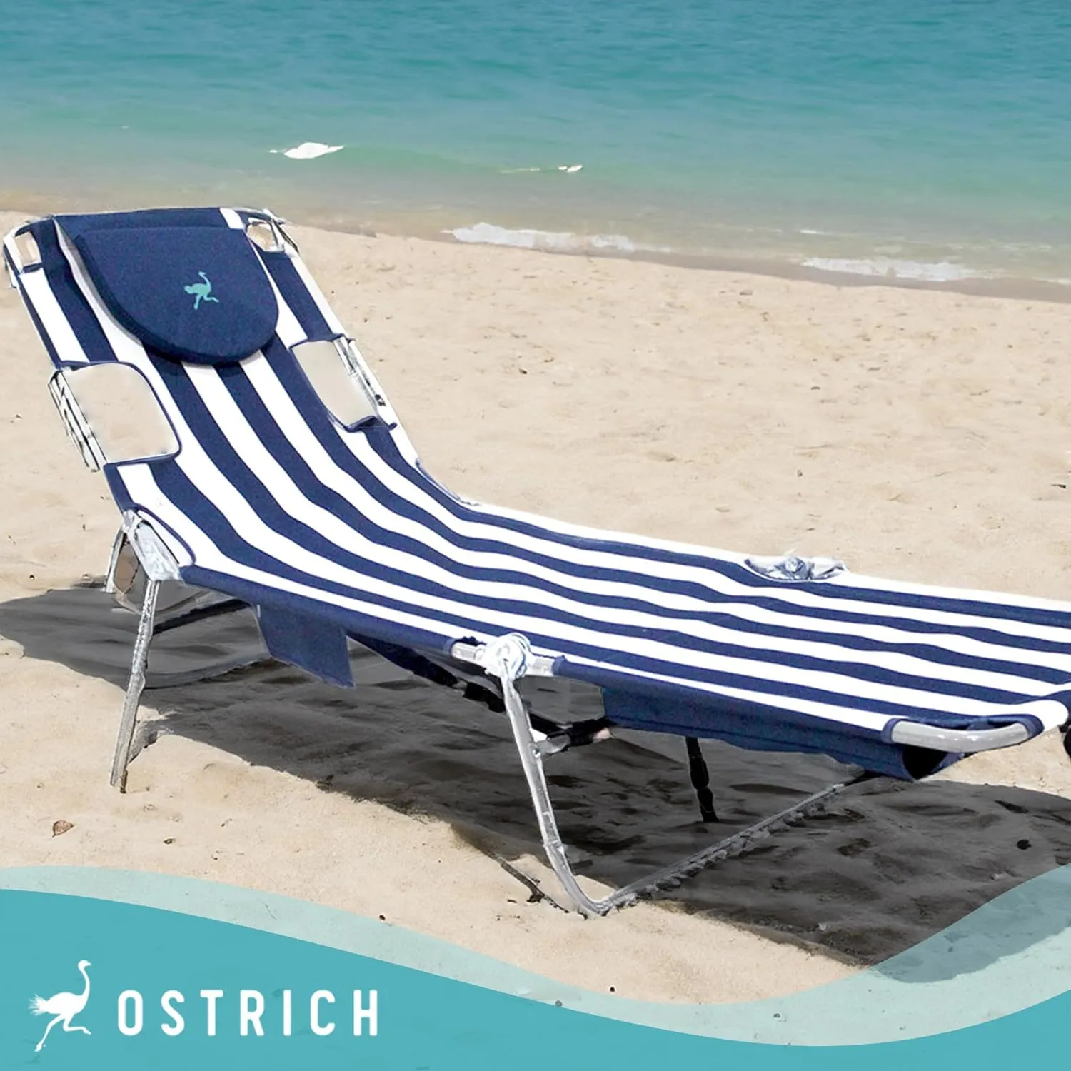 Ostrich Backpack Chaise Folding Lounge Chair w/4 Adjustable Position, Carrying Straps, Side Pocket and Storage Bag, Navy Stripe (3 Pack)