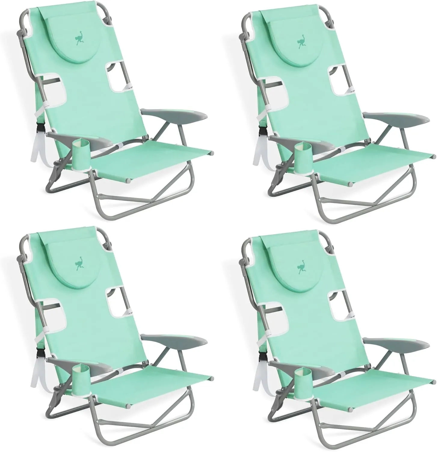 Ostrich Lightweight Portable Outdoor On Your Back Folding Chair for Relaxing with 5 Seat Adjustment Backpack Straps and Cup Holder, Teal (4 Pack)