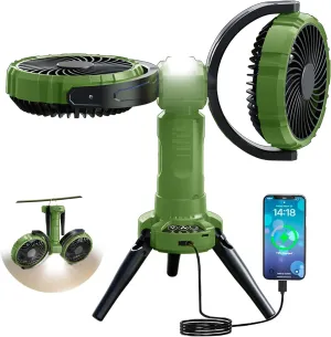 Outdoor Camping Fan with LED Light,8000mAh Rechargeable Battery Powered with Hook Tent Fans,270° Oscillating 360°Rotation Portable Tripod Beach Fan for Canopy,Travel,Fishing,Home,Green