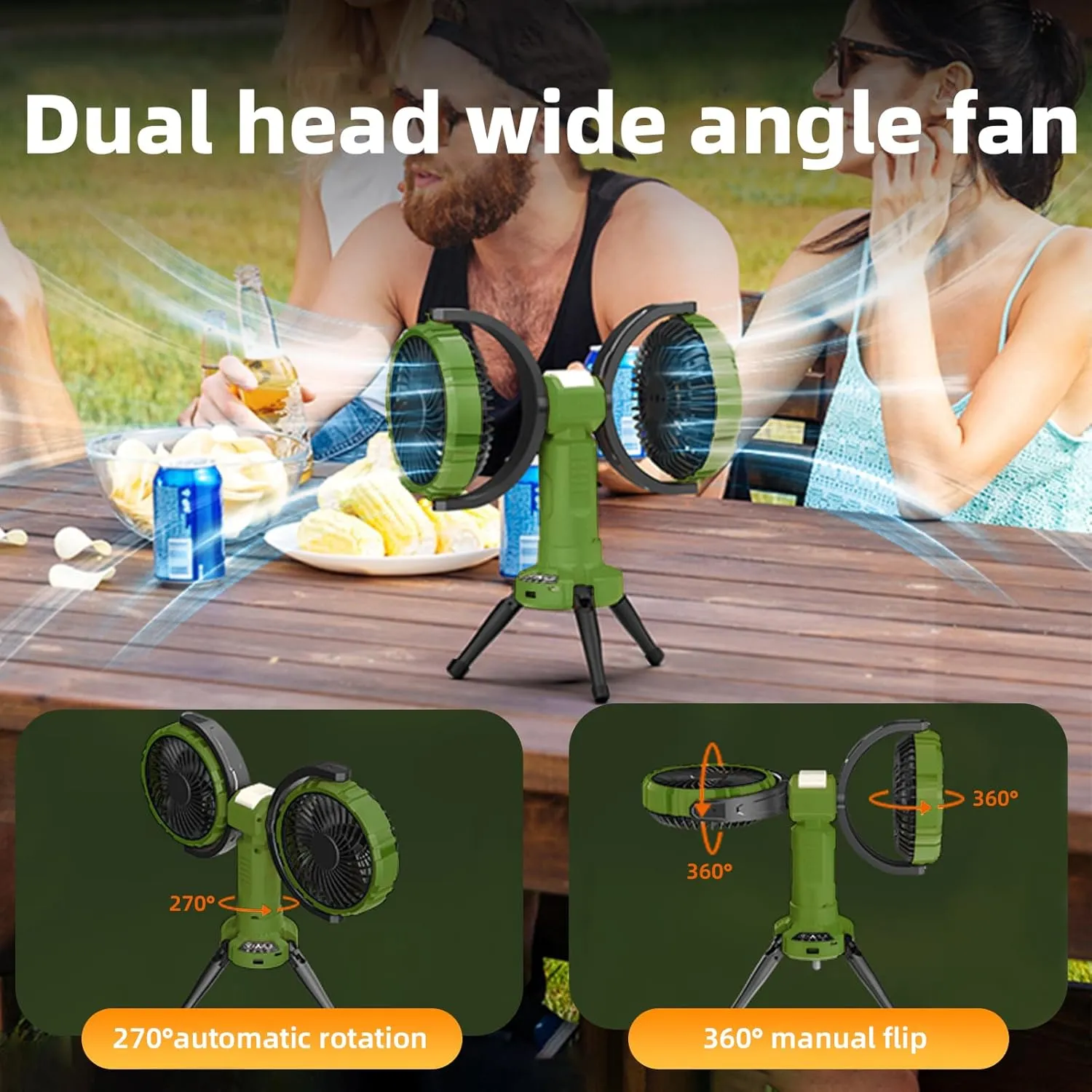 Outdoor Camping Fan with LED Light,8000mAh Rechargeable Battery Powered with Hook Tent Fans,270° Oscillating 360°Rotation Portable Tripod Beach Fan for Canopy,Travel,Fishing,Home,Green