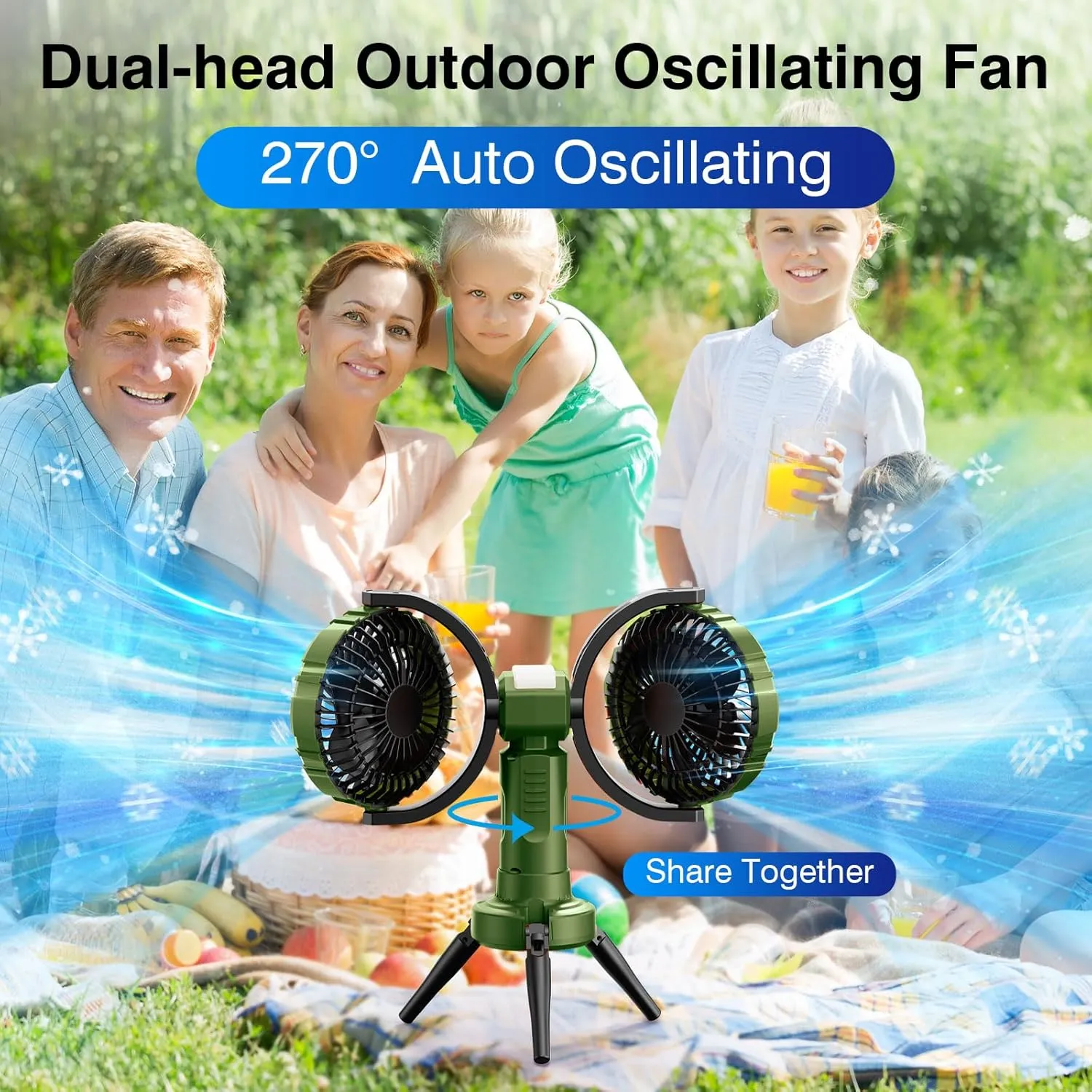 Outdoor Camping Fan With Light - Oscillating 10000mAh Battery Powered Fan For Camping With Hanging Hook For Beach Travel Picnic Fishing Outdoor- Green