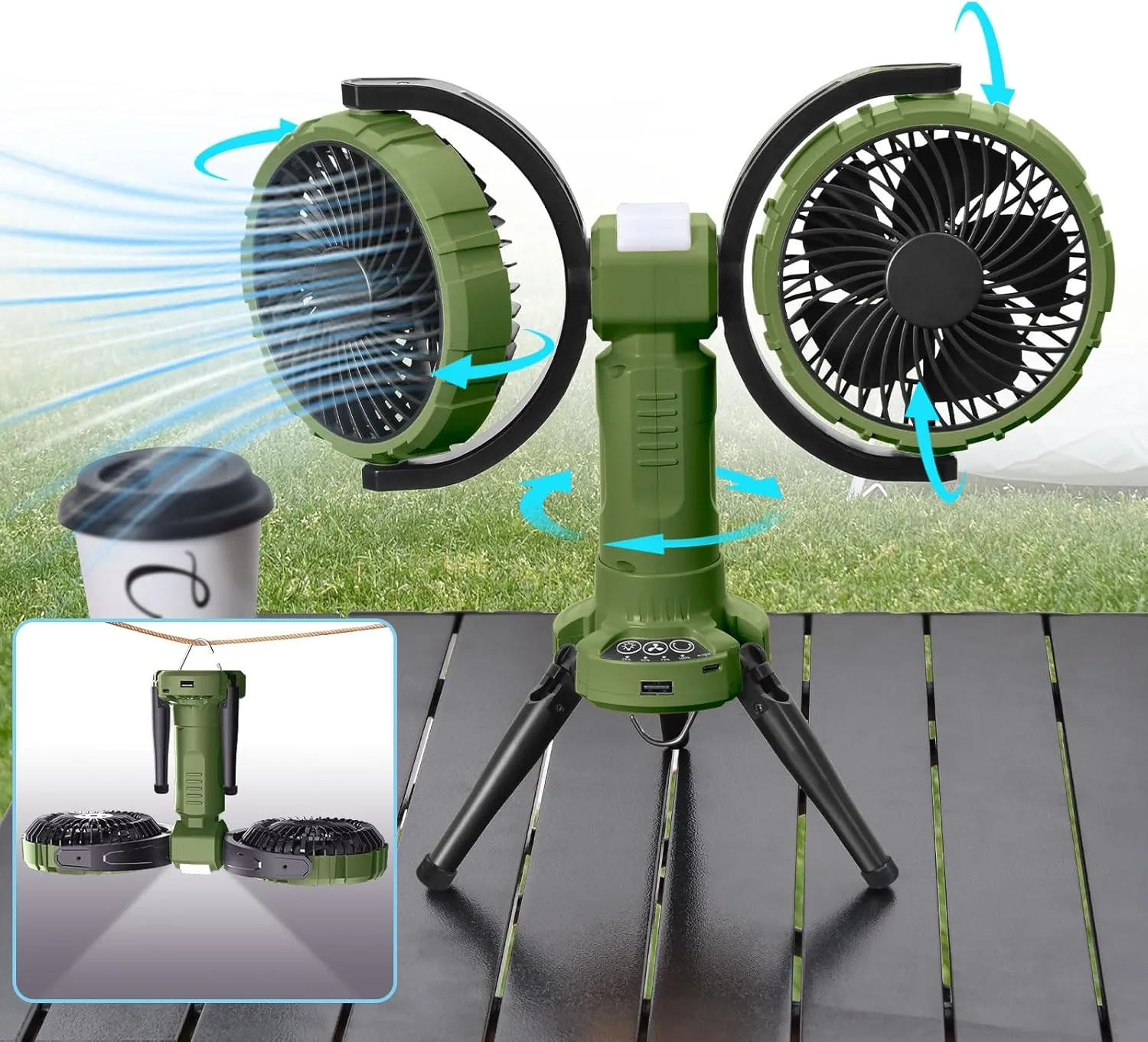 Outdoor Camping Fan With Light - Oscillating 10000mAh Battery Powered Fan For Camping With Hanging Hook For Beach Travel Picnic Fishing Outdoor- Green