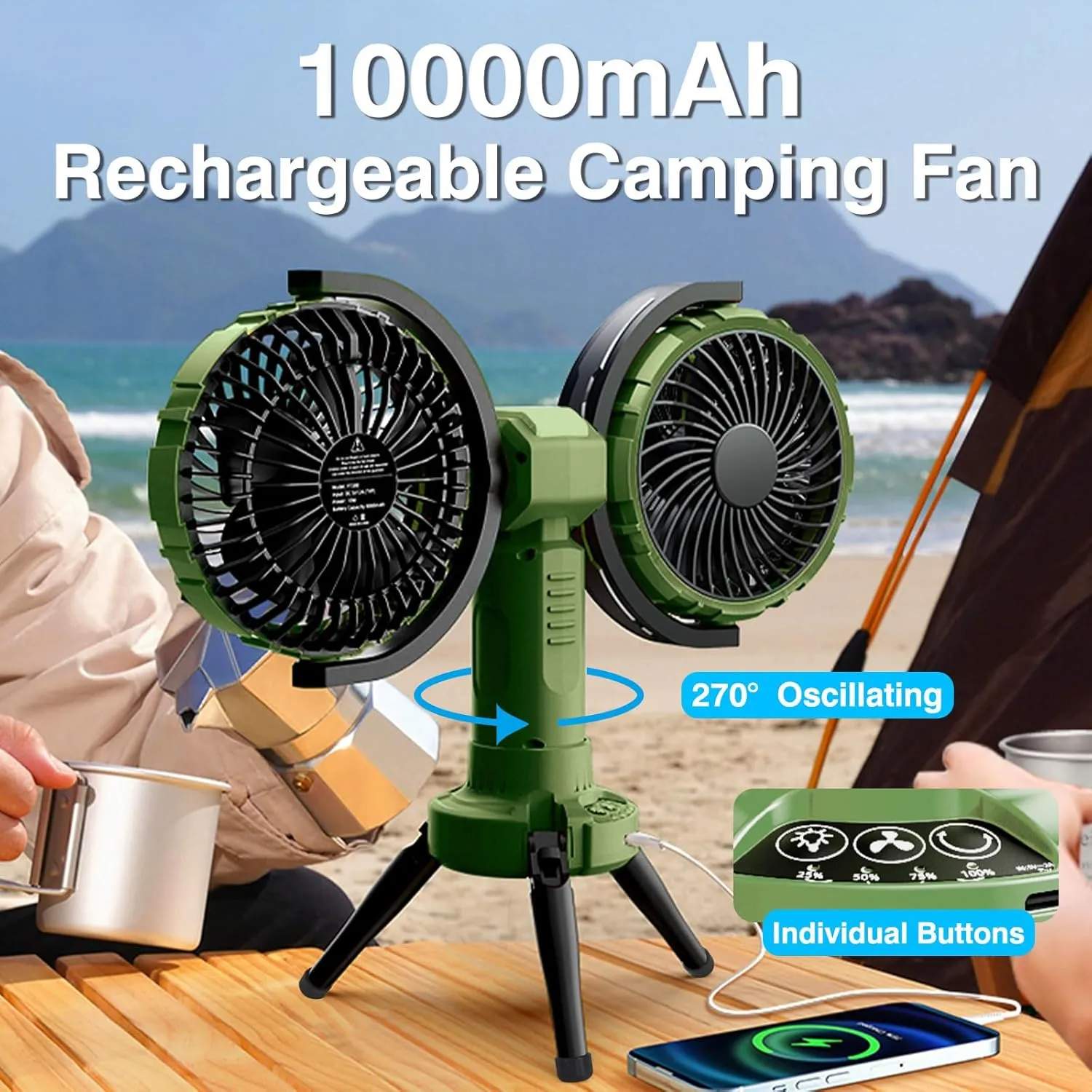 Outdoor Camping Fan With Light - Oscillating 10000mAh Battery Powered Fan For Camping With Hanging Hook For Beach Travel Picnic Fishing Outdoor- Green