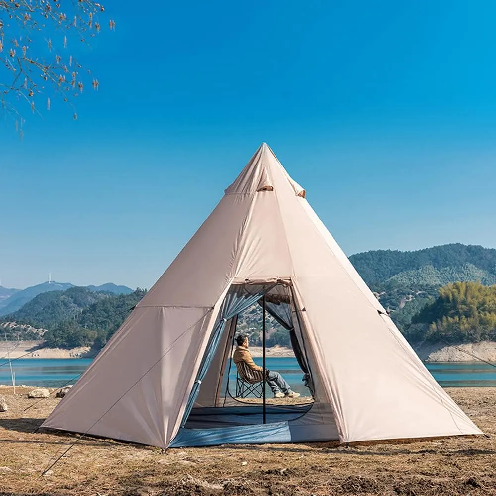 Outdoor Indian Tipi Tent Ultralight Teepee Tent Family Pyramid Tent for Backpacking, Camping, Hiking, Bushcraft, Travel, Winter Camping (Khaki 340X290X200CM)