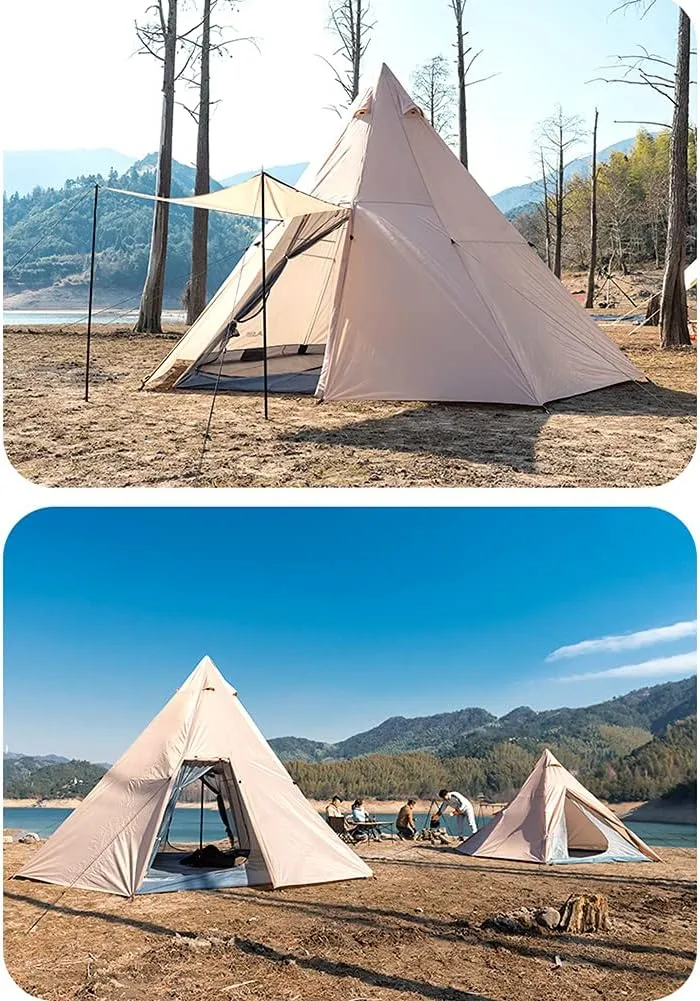 Outdoor Indian Tipi Tent Ultralight Teepee Tent Family Pyramid Tent for Backpacking, Camping, Hiking, Bushcraft, Travel, Winter Camping (White 340X290X200CM)