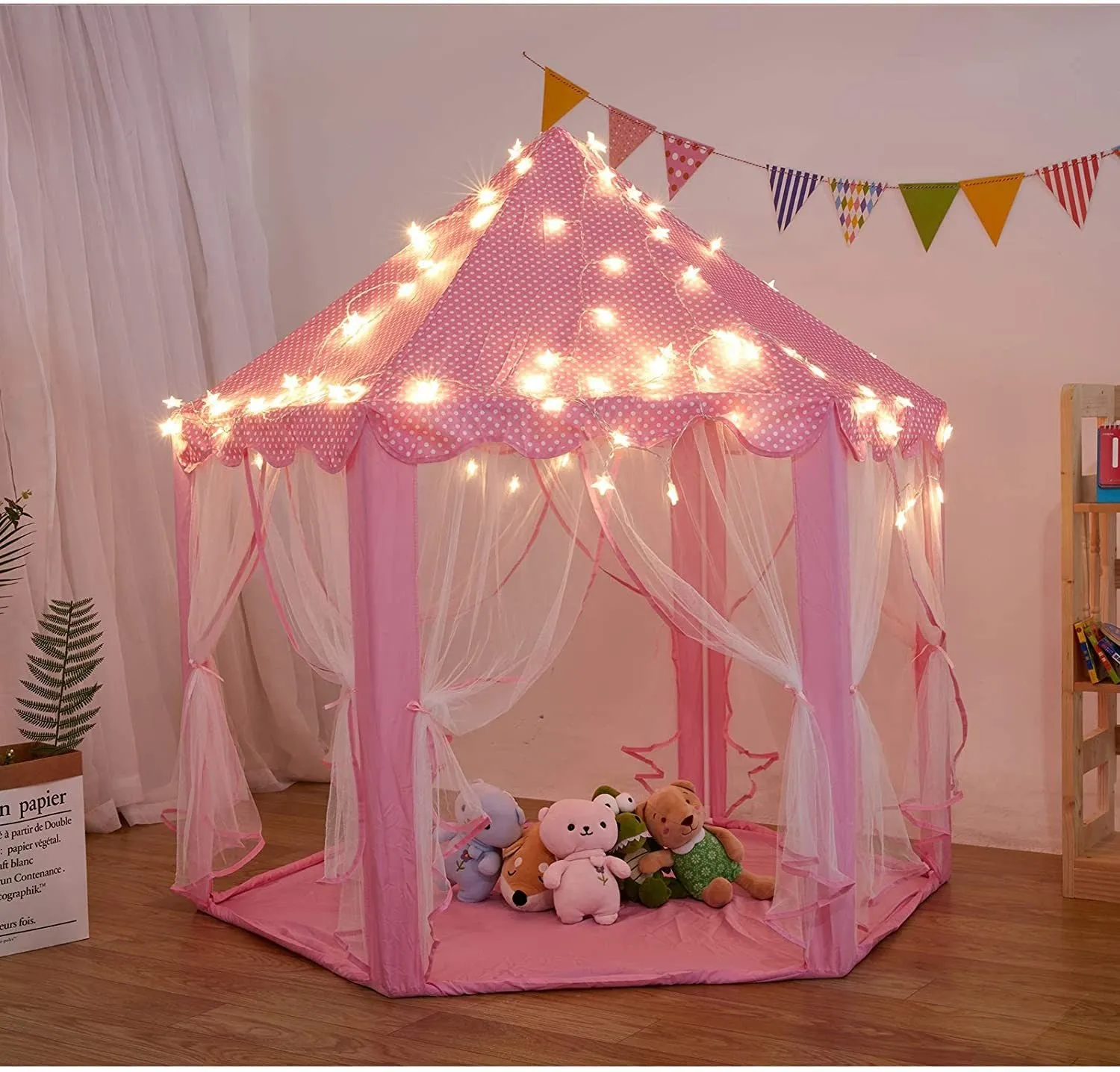 Outdoor Indoor Portable Folding Princess Castle Tent Kids Children Funny Play Fairy House Kids Play Tent(Warm LED Star Lights)