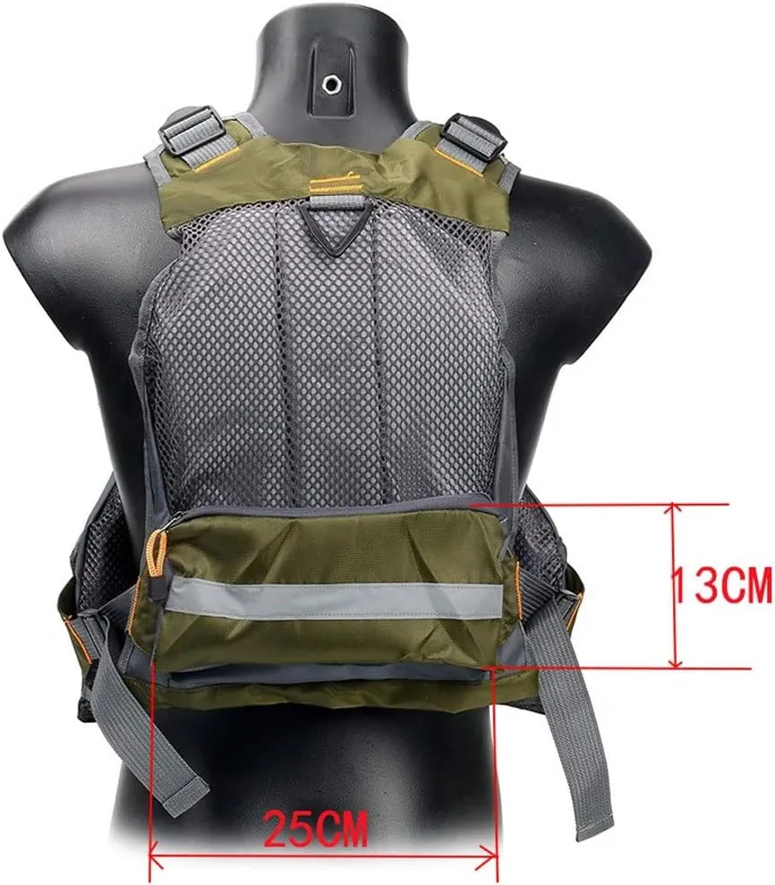 Outdoor Reflective Life Vest Survival Backpack Safety Jacket Multi Pockets Fishing Photography Vest Waterproof Life Jacket (Color : Army Green, Size : 55CM*46CM)