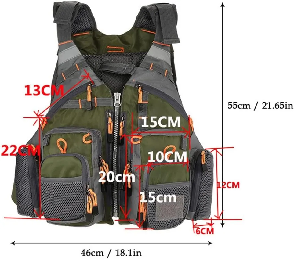Outdoor Reflective Life Vest Survival Backpack Safety Jacket Multi Pockets Fishing Photography Vest Waterproof Life Jacket (Color : Army Green, Size : 55CM*46CM)