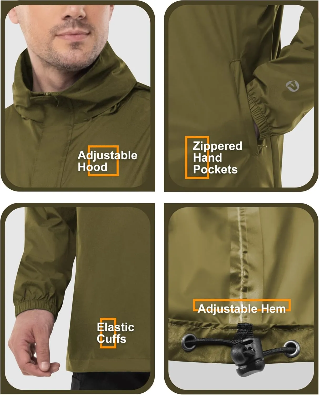 Outdoor Ventures Men's Rain Jacket Waterproof Lightweight Packable Rain Pullover for Hiking Golf Running