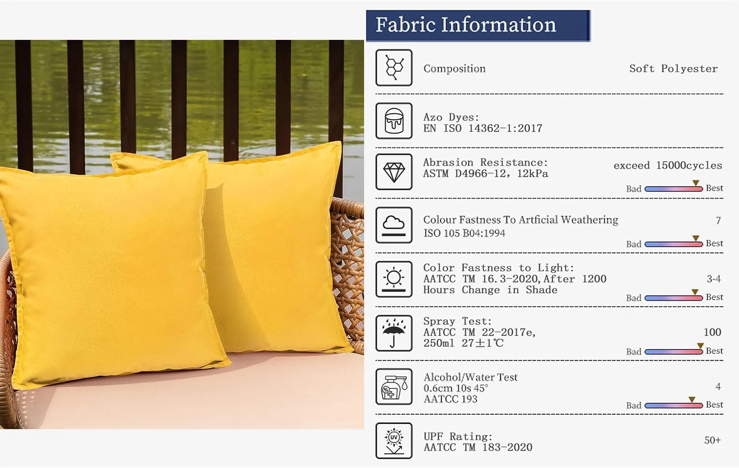 Outdoor Waterproof Pillow Covers 18x18 Set of 2 Sunbrella Decorative Square Solid Couch Pillow Covers with Wide Edge for Patio Tent Sofa Bed Living Room, Yellow