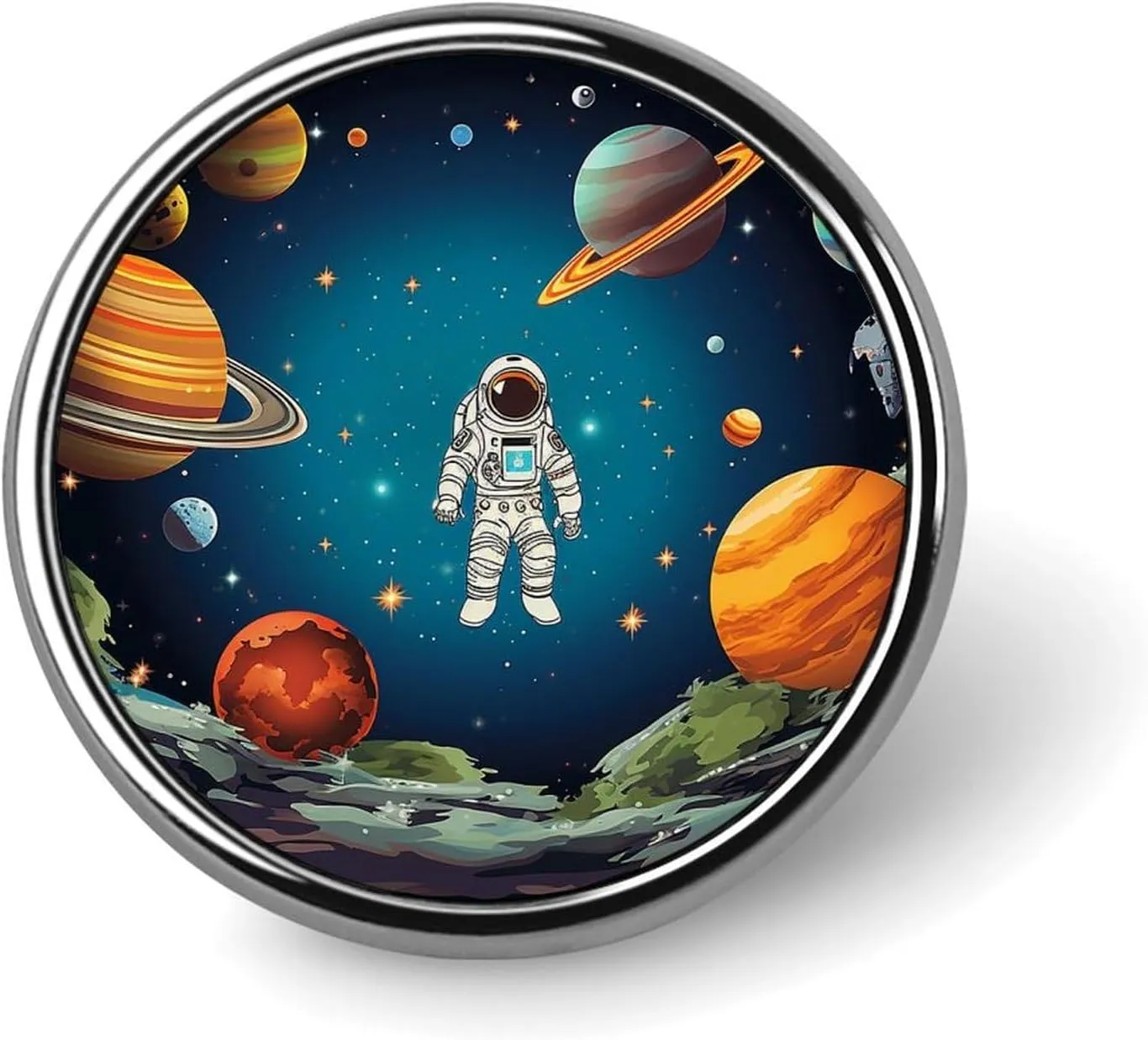Outer Space Rocket Astronaut Badges Decorative, Durable Aluminum Alloy Round Badge, Lightweight Button Brooch for Shirts, Jackets, Hats, Uniforms 1"