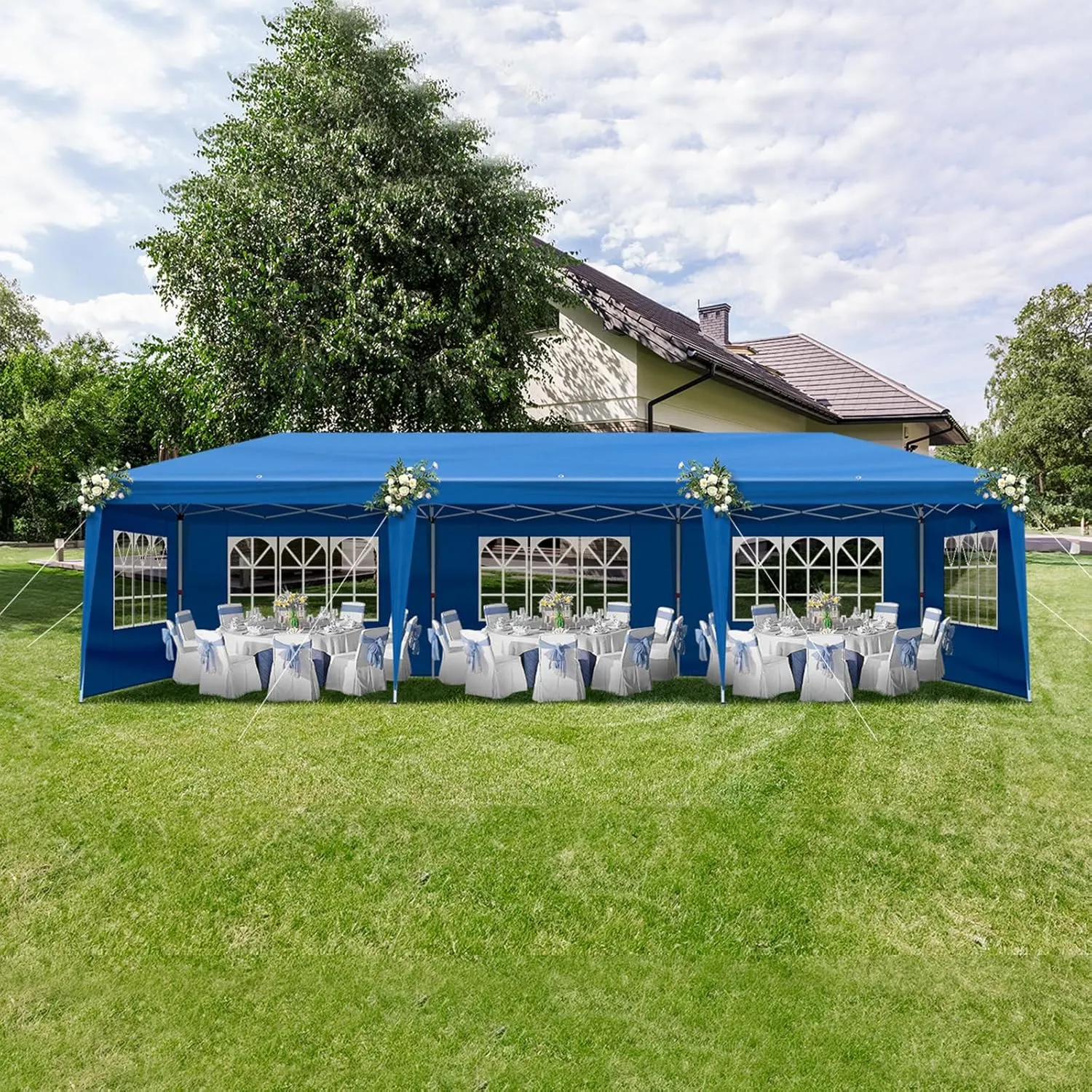 Outvita 10x30ft Ez Pop Up Canopy, Portable Instant Canopy Tent with 8 SideWalls for Outdoor Events, Party, Wedding, Birthday,Graduation Blue