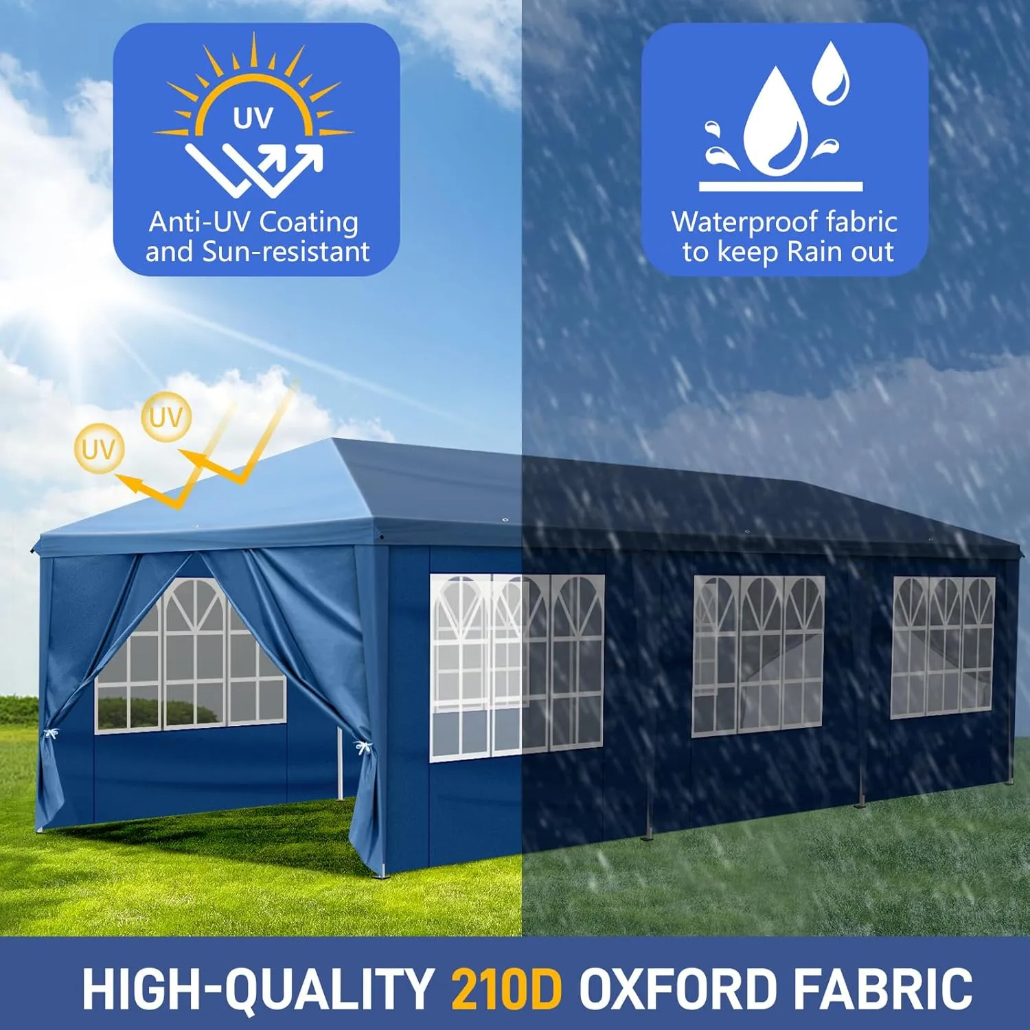 Outvita 10x30ft Ez Pop Up Canopy, Portable Instant Canopy Tent with 8 SideWalls for Outdoor Events, Party, Wedding, Birthday,Graduation Blue