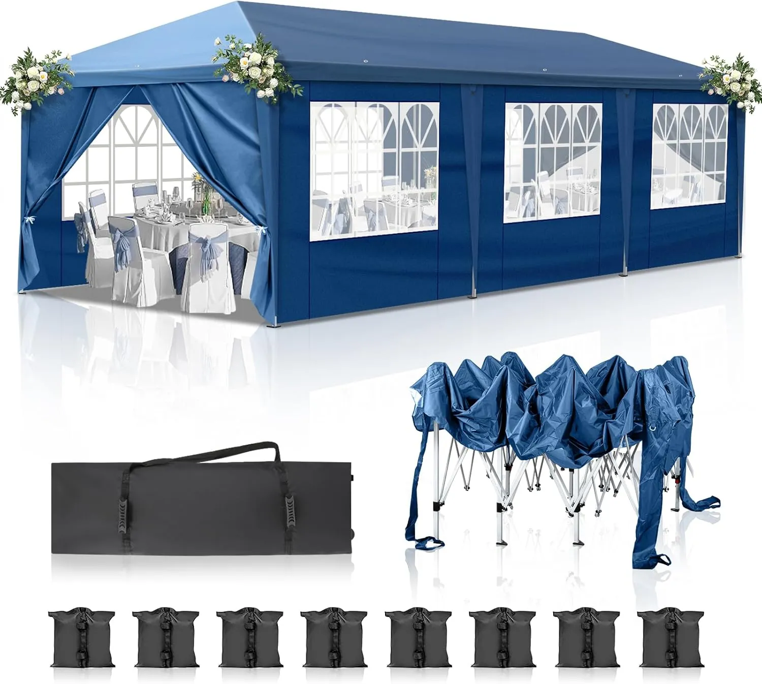 Outvita 10x30ft Ez Pop Up Canopy, Portable Instant Canopy Tent with 8 SideWalls for Outdoor Events, Party, Wedding, Birthday,Graduation Blue