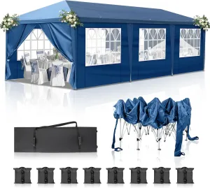 Outvita 10x30ft Ez Pop Up Canopy, Portable Instant Canopy Tent with 8 SideWalls for Outdoor Events, Party, Wedding, Birthday,Graduation Blue