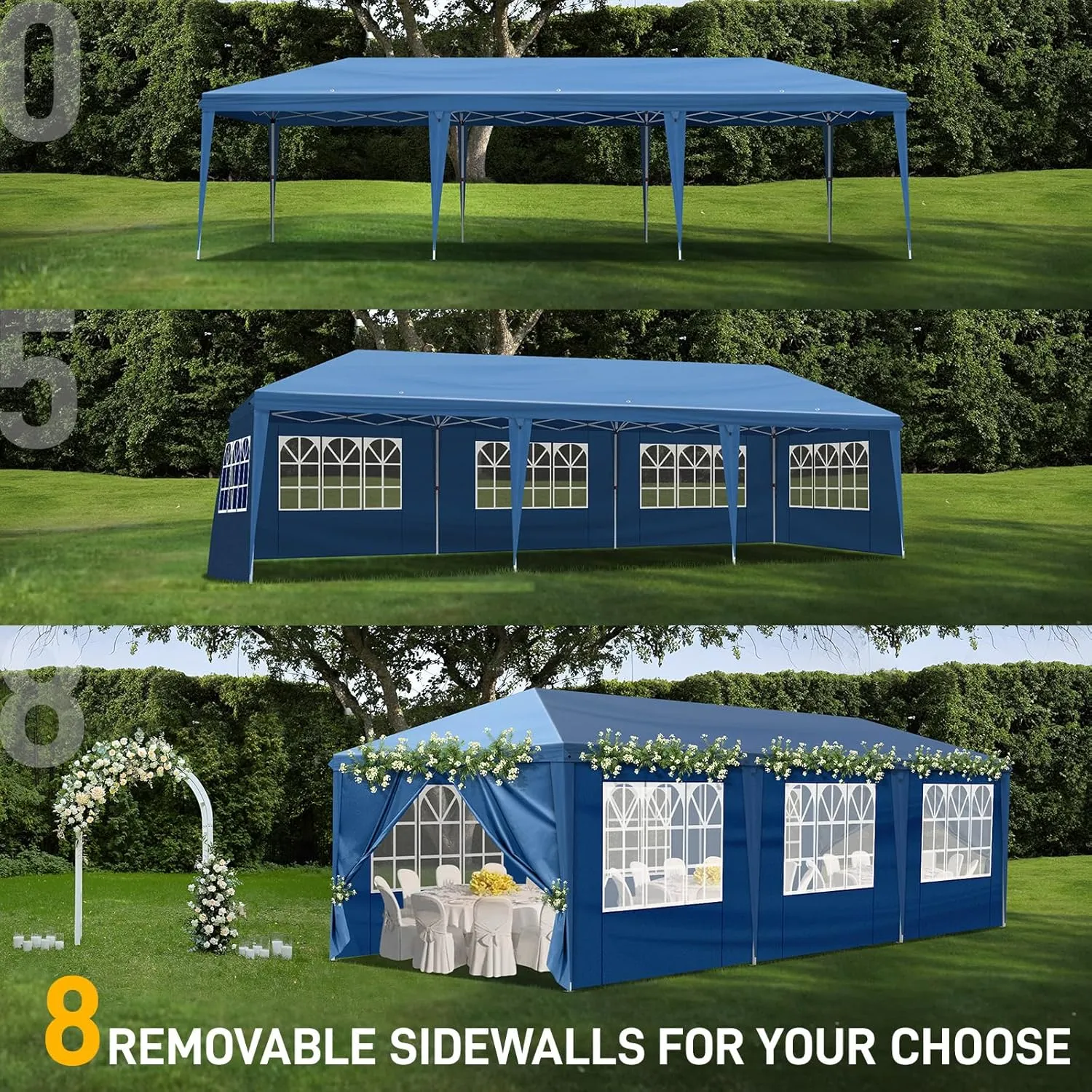 Outvita 10x30ft Ez Pop Up Canopy, Portable Instant Canopy Tent with 8 SideWalls for Outdoor Events, Party, Wedding, Birthday,Graduation Blue