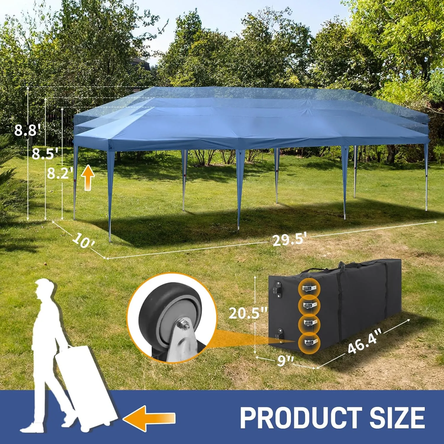 Outvita 10x30ft Ez Pop Up Canopy, Portable Instant Canopy Tent with 8 SideWalls for Outdoor Events, Party, Wedding, Birthday,Graduation Blue
