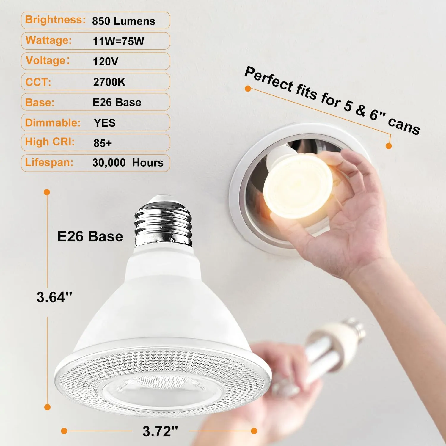 PAR30 Short Neck LED Bulb 2700K Warm White, 6 Pack Super Bright 850LM PAR30 LED Bulb Dimmable11W, Equivalent 75W, E26 Base PAR30 LED Flood Light Bulbs for Indoor and Outdoor.