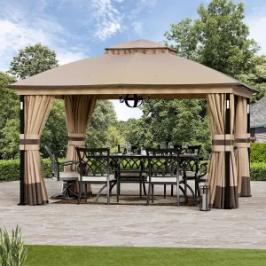 Patio Gazebo 11'x13' with LED Lights & Bluetooth Speaker, Heavy Duty Outdoor Canopy Shelter with Metal Frame, Double Roofs, Soft-top Gazebo with Netting and Curtains for Backyard