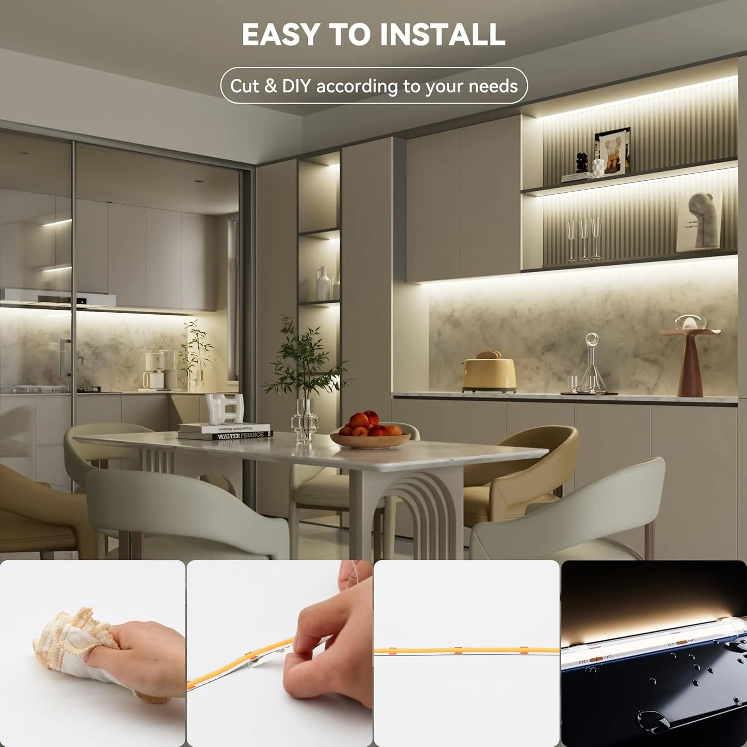 PAUTIX COB LED Strip Light IP65 Waterproof Natural White 4000K,UL-Listed 20ft/6.1m CRI 90  Super Bright 24V LED Tape Light for Cabinet/Home/Office DIY Lighting Projects(Adapter & Dimmer Not Included)