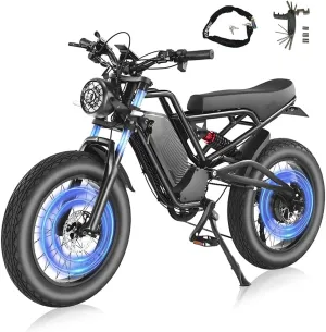 Peak 3000W Electric Bike 135N.M,52V/48V 41AH/18AH 35MPH Al Alloy Electric Dirt Bike for Adults, Removable Battery Electric Mountain Bike,20'' Fat Tire Commuter Ebike,7Speed,Hydraulic Brake