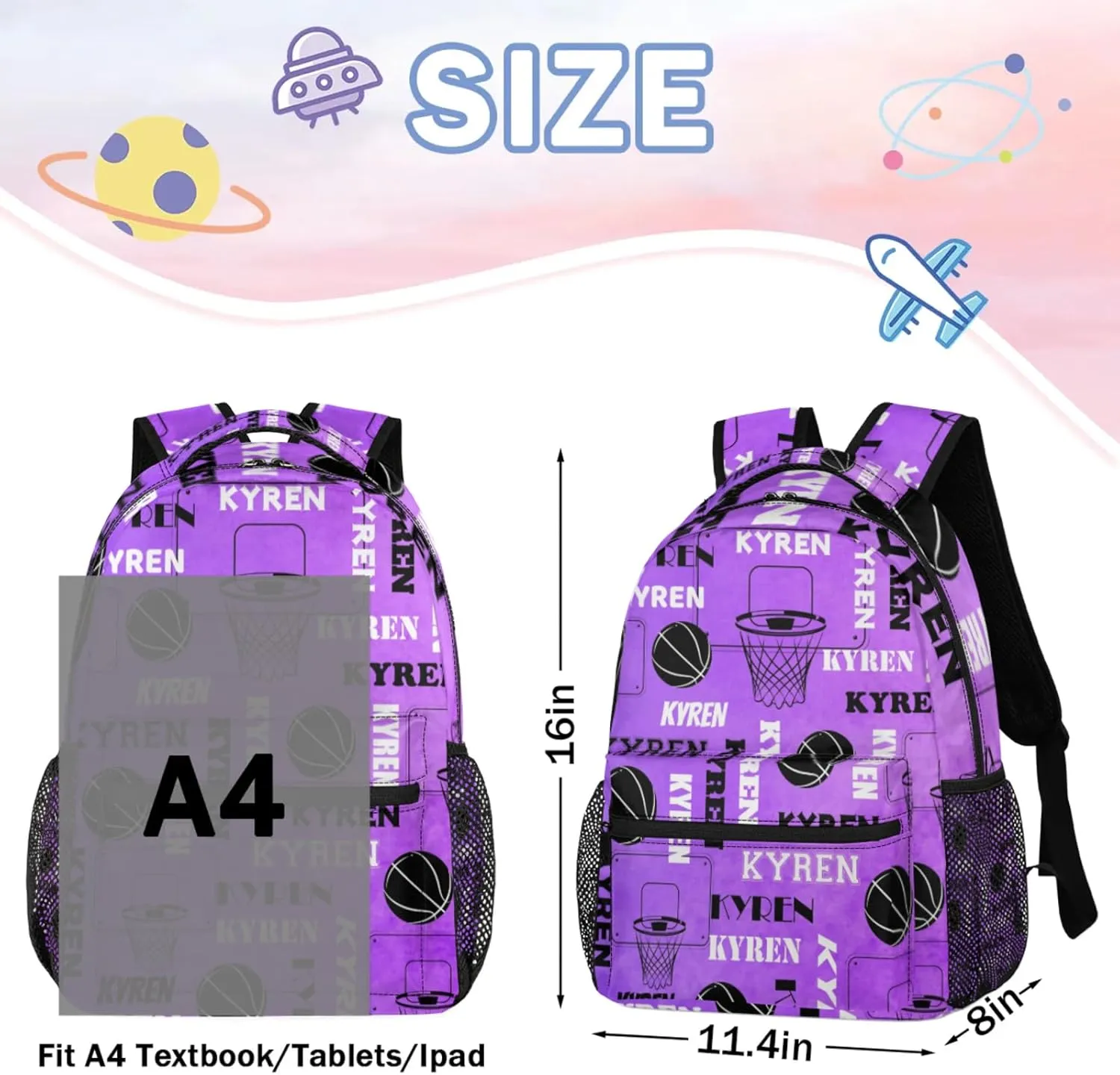 Personalized Basketball Backpack for Men Women, Custom Name Laptop Backpack, Customized Sports Bag Lightweight Daypack for Travel Camping, Dark Purple