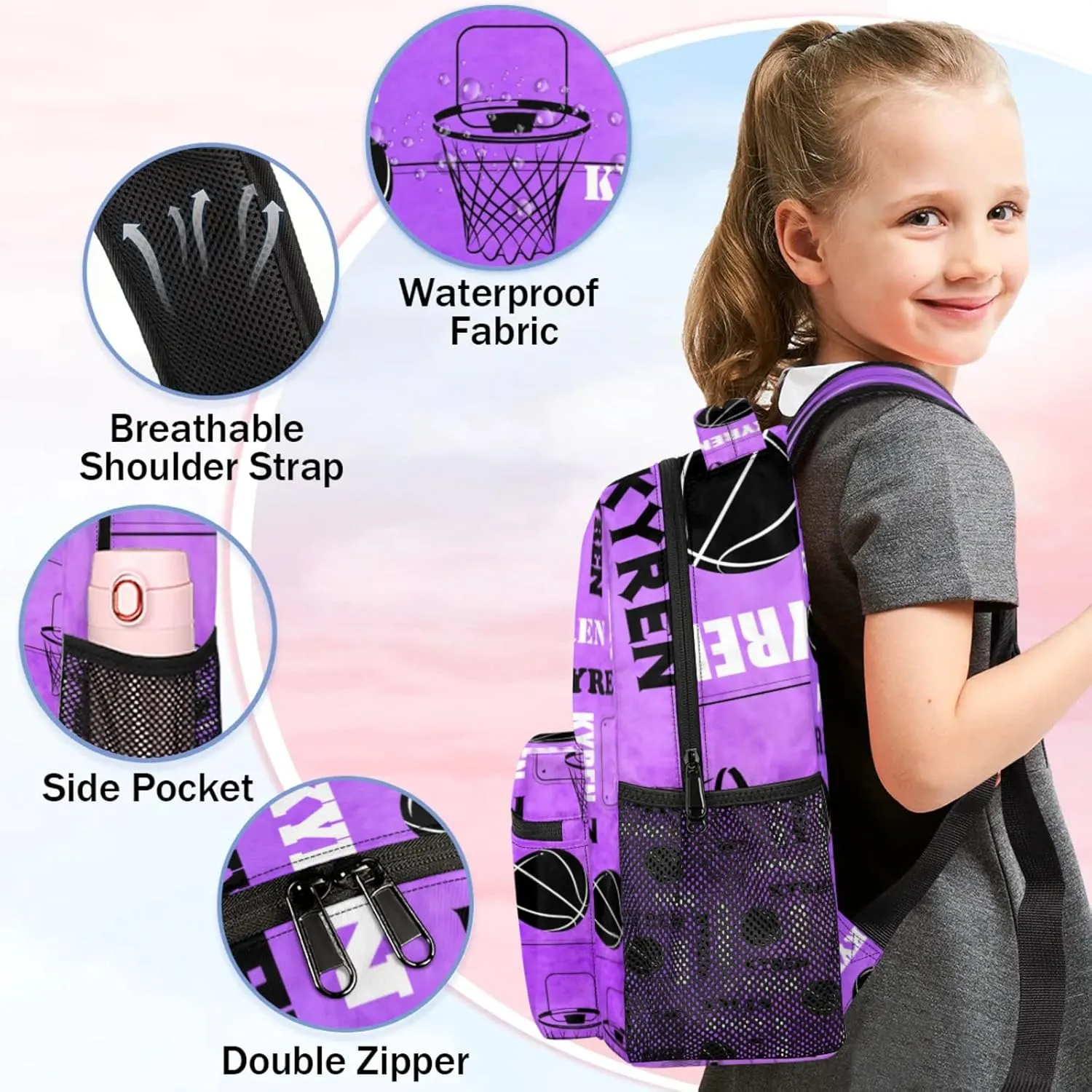 Personalized Basketball Backpack for Men Women, Custom Name Laptop Backpack, Customized Sports Bag Lightweight Daypack for Travel Camping, Dark Purple