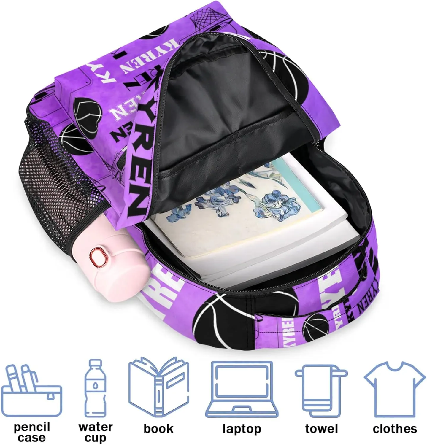 Personalized Basketball Backpack for Men Women, Custom Name Laptop Backpack, Customized Sports Bag Lightweight Daypack for Travel Camping, Dark Purple