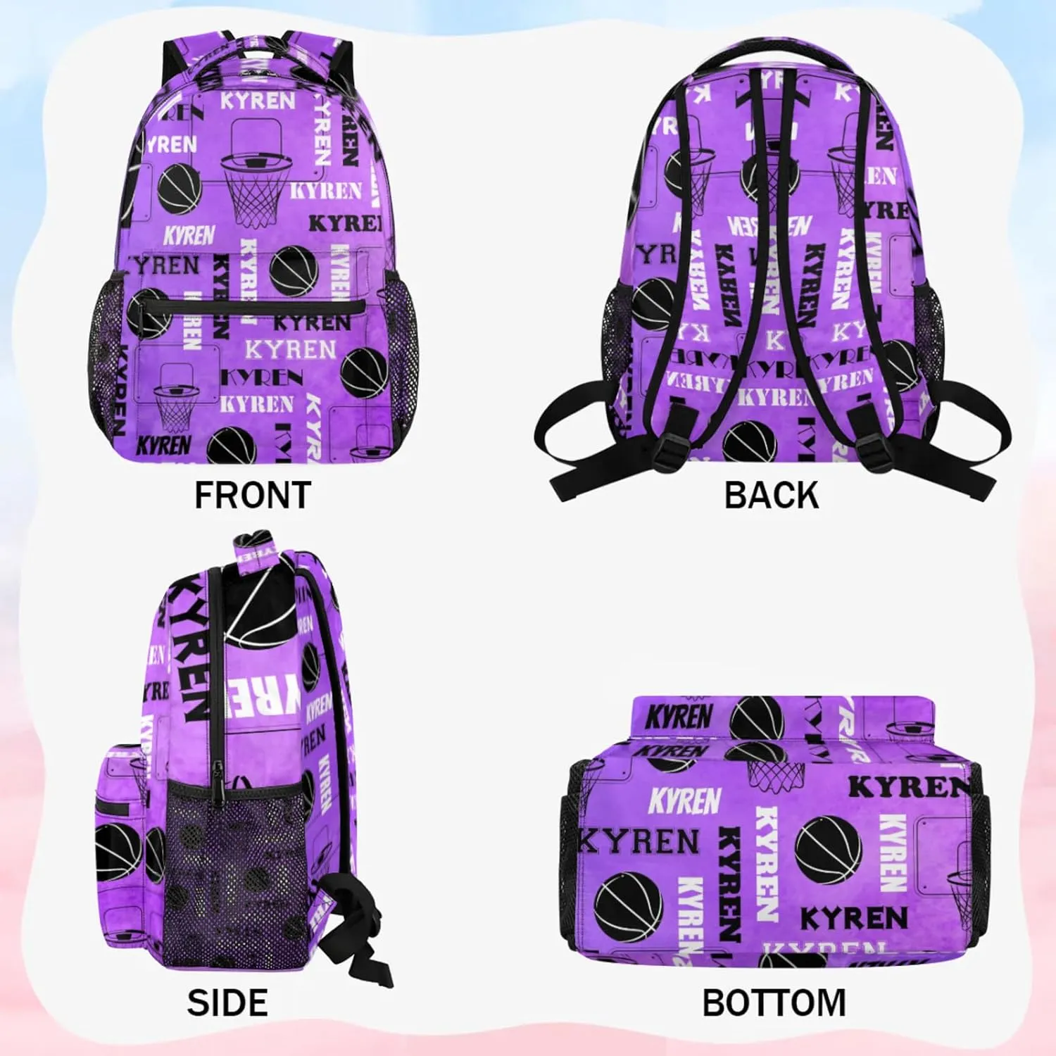 Personalized Basketball Backpack for Men Women, Custom Name Laptop Backpack, Customized Sports Bag Lightweight Daypack for Travel Camping, Dark Purple