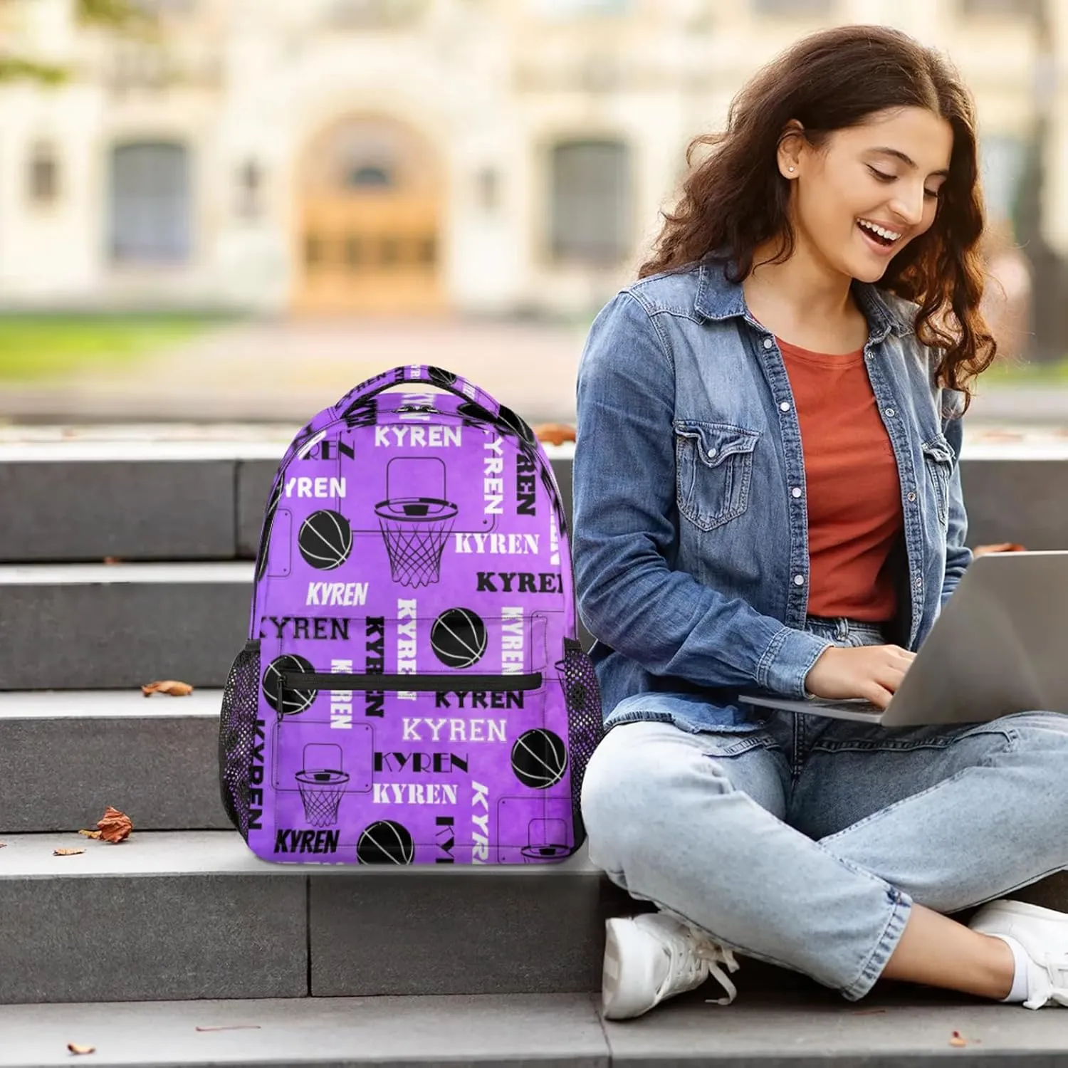 Personalized Basketball Backpack for Men Women, Custom Name Laptop Backpack, Customized Sports Bag Lightweight Daypack for Travel Camping, Dark Purple