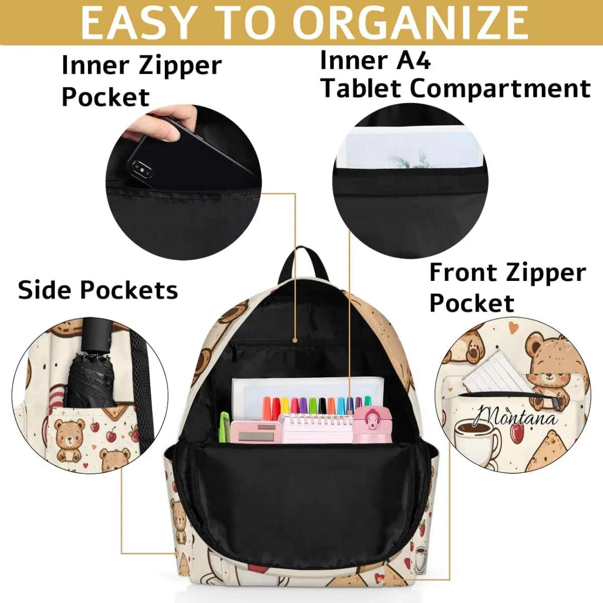 Personalized Cartoon Bear Backpack for Boys Girls, Waterproof Lightweight Kindergarten Elementary Book Bag for Kids Cute Daycare Travel Bag