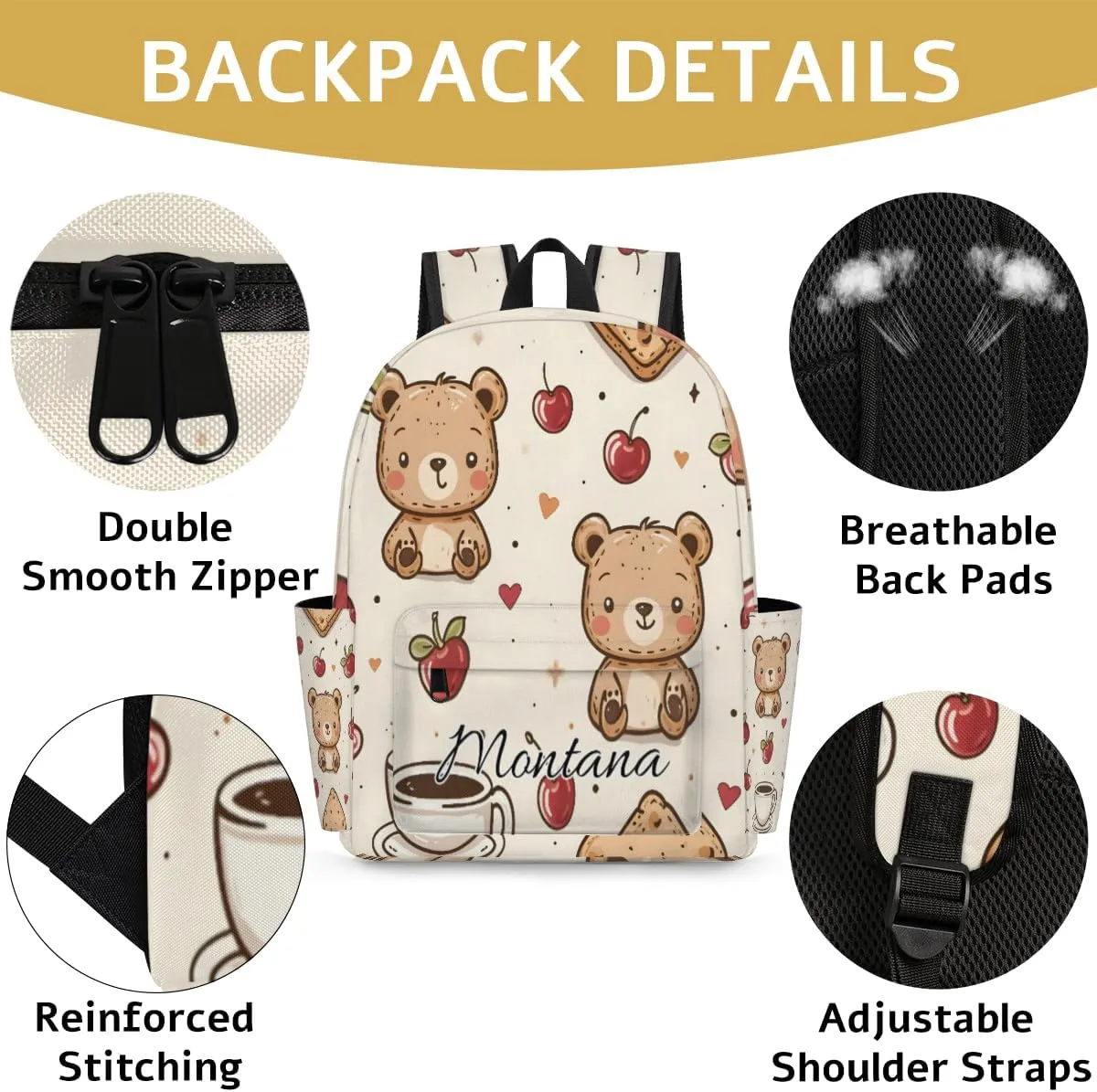 Personalized Cartoon Bear Backpack for Boys Girls, Waterproof Lightweight Kindergarten Elementary Book Bag for Kids Cute Daycare Travel Bag