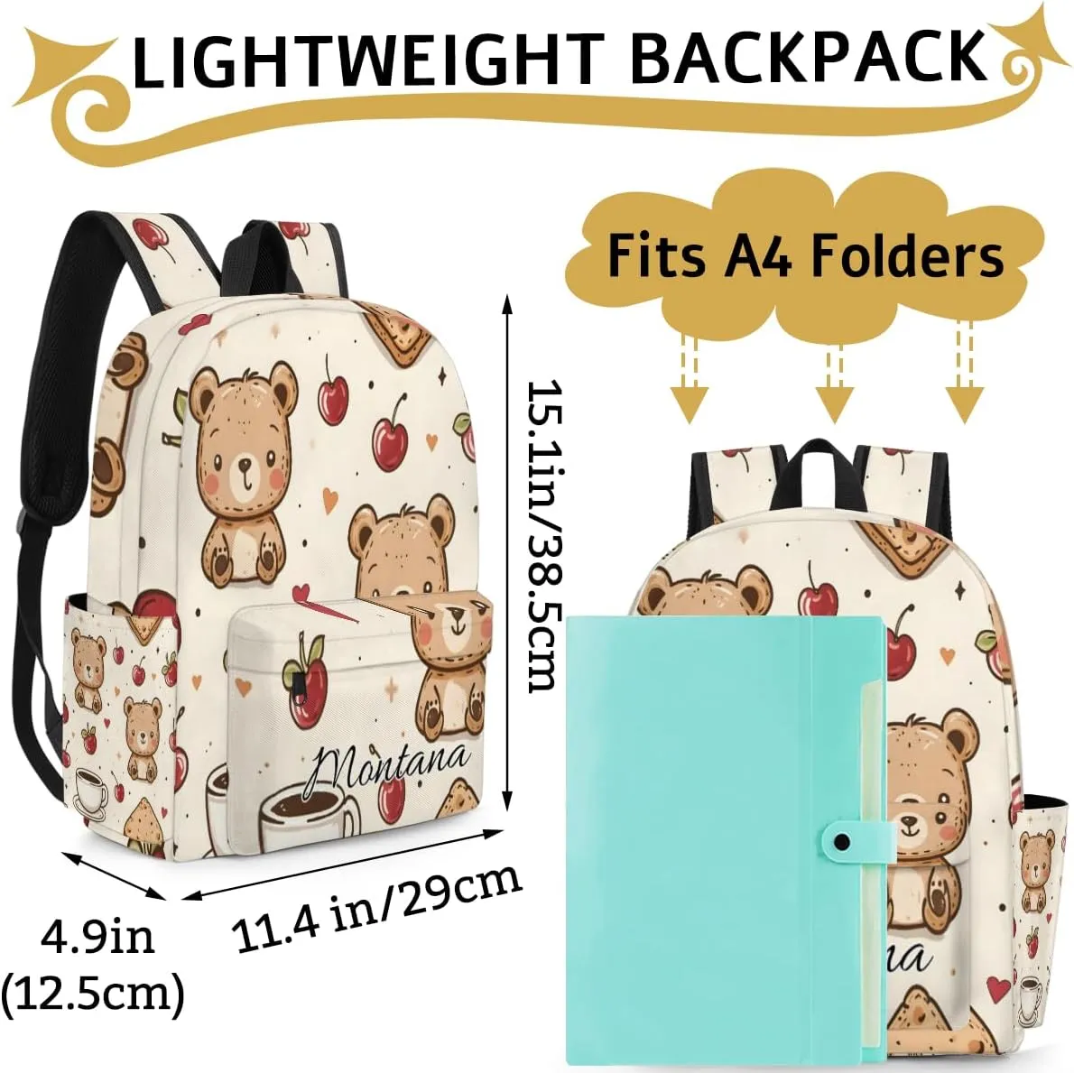 Personalized Cartoon Bear Backpack for Boys Girls, Waterproof Lightweight Kindergarten Elementary Book Bag for Kids Cute Daycare Travel Bag
