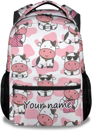 Personalized Cow Backpacks for Girls - 16 Inch Cute Backpack for School - Pink, Large Capacity, Durable, Lightweight Bookbag for Kids Travel