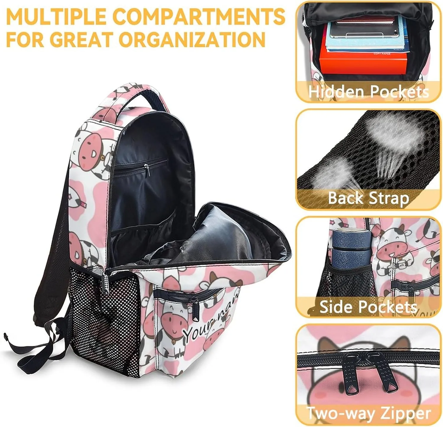 Personalized Cow Backpacks for Girls - 16 Inch Cute Backpack for School - Pink, Large Capacity, Durable, Lightweight Bookbag for Kids Travel
