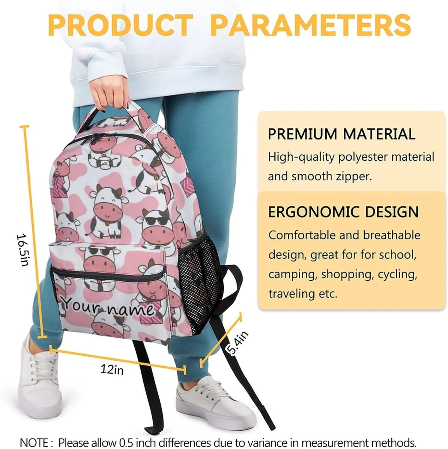 Personalized Cow Backpacks for Girls - 16 Inch Cute Backpack for School - Pink, Large Capacity, Durable, Lightweight Bookbag for Kids Travel